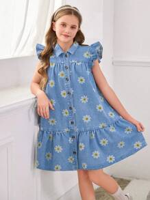 Tween Girls Y2K Washed Loose Cute Flutter Sleeve Ruffle Hem A-Line Denim Dress, Suitable For Casual Wear - Light Wash - View 5