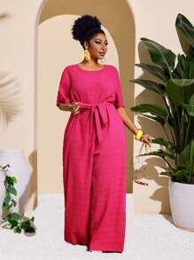 Slaydiva Plus Size Fitted Belted Jumpsuit, Pink, Slimming Top And Bottoms, Vacation & Elegant Casual, Spring/Summer - Hot Pink - View 1