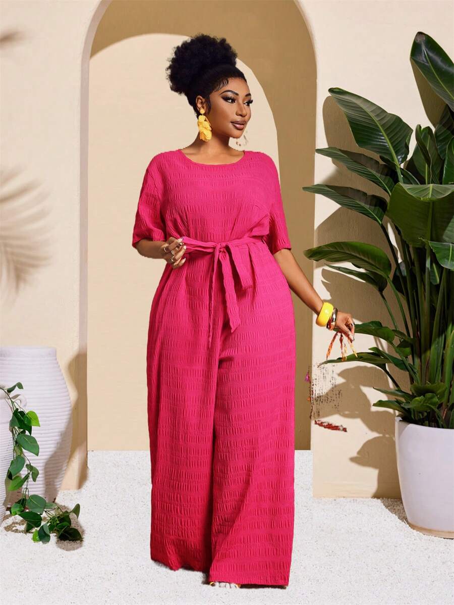 Slaydiva Plus Size Fitted Belted Jumpsuit, Pink, Slimming Top And Bottoms, Vacation & Elegant Casual, Spring/Summer - Hot Pink - View 1