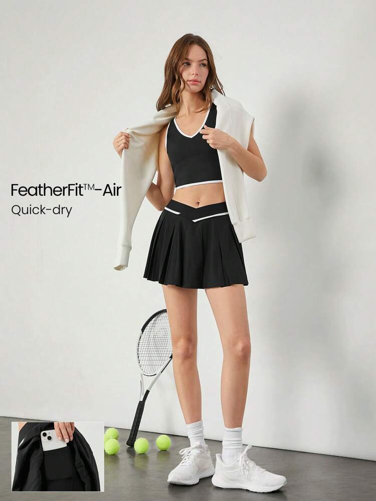 Quick-Dry Sweat-Wicking Crossover Contrast Stripe Waist Skirt With Built-In Shorts Side Pockets Non-Slip Grips Low Impact Daily Casual Wear