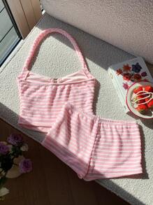 SHEIN EZwear Plus Size Women Summer Vacation Striped Bodycon Backless Camisole Top And Shorts Suit, Suitable For Holiday Wear