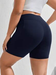 SHEIN Essnce Plus Size Navy Blue Casual Knitted Fabric Short Leggings With Pocket Detail For Everyday Comfort - Navy Blue - View 2