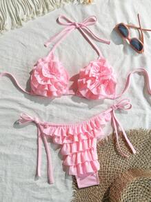 Swim Mod Women's Summer Ruffled Floral Decor Halter Neck Bikini Set, Beach Outfit - Yellow - View 1