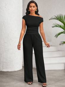 SHEIN Lady White Stretch Texture Asymmetric Collar Top And Wide-Leg Pants With Elastic Waistband Pants Women's Two Pieces Set Casual Everyday, Elegant For All Seasons,Business Casual Woman - Black - View 5