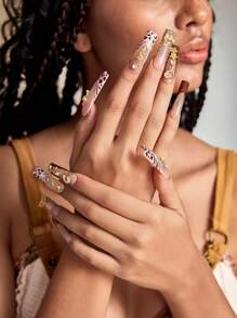 ROMWE Grunge Punk 10pcs Hot Girl Vibe Star & Leopard Pattern Handcrafted Quality Press-On Nails + 3pcs Double-Sided Adhesive, Detachable Y2K Metallic Rhinestone Nail Stickers For Festivals, Parties, Dancing, And Daily Wear - Multicolor - View 2