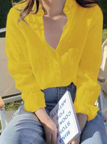 INAWLY Women's Casual Solid Color Long Sleeve Shirt - Mustard Yellow - View 1