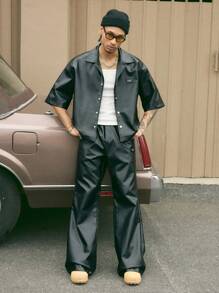 AXEPEAK 男士哥特式 PU 皮革宽松短袖衬衫和裤子休闲西装、街头服饰 - 黑色 - 查看 1