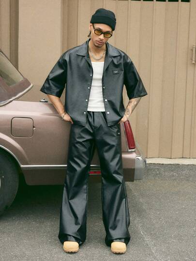 AXEPEAK Men's Gothic PU Leather Loose Short Sleeve Shirt And Pants Casual Suit, Streetwear