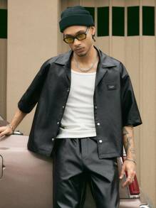 AXEPEAK 男士哥特式 PU 皮革宽松短袖衬衫和裤子休闲西装、街头服饰 - 黑色 - 查看 2