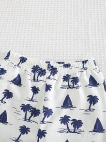 Cozy Pixies 2 Stücke Baby Jungen Set aus Cartoon Kokosnussbaum Muster Strickpullover mit Rundhalsausschnitt und kurzem Arm sowie Shorts mit Gummizug für den Sommer - Verschiedenfarbig - Übersicht 4