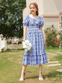 Jugendlicher Vintage-Stil blaues gerafftes Puff-Ärmeln Kleid mit Schleifendekor und Muster