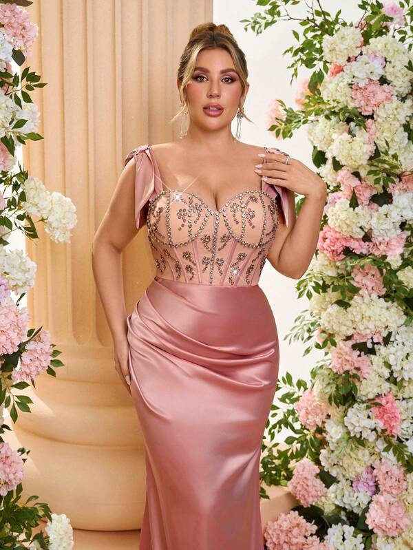 SHEIN X Izzy Darnell Glamrae Plus Size Elegant Romantic Sweetheart Neckline Tie Shoulder Mermaid Hem Evening Gown With Color Contrast Rhinestone Decor