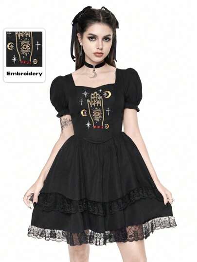Gothic Vintage Graphic Rhinestone Embroidery Flare Waist Puff Sleeve Dress For Women