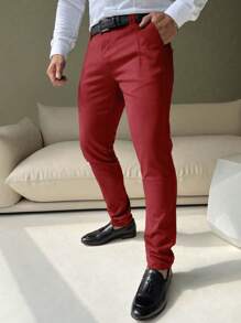 Calvornis Men's Casual Business Solid Color Tapered Suit Pants Casual Men Pants - Red - View 3