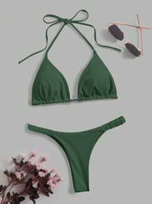 Swim Chiccia Conjunto de bikini de unicolor con escote halter y anudado, ropa de baño sexy para mujer, para el verano y la playa