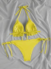 SHEIN Swim Women's Summer Beach Solid Color Halter Tied Sexy Yellow Bikini Swimwear Set
