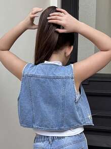 青少年女孩时尚优雅甜美酷炫 Y2K 漂白蓝色重磅星星铆钉宽松牛仔夹克和背心 - 淺色水洗藍 - 查看 2