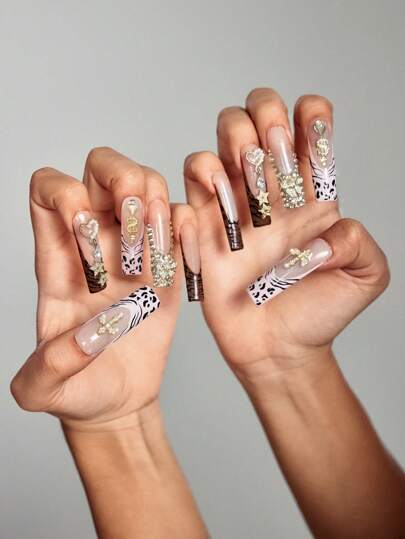 Grunge Punk 10pcs Hot Girl Vibe Star & Leopard Pattern Handcrafted Quality Press-On Nails + 3pcs Double-Sided Adhesive, Detachable Y2K Metallic Rhinestone Nail Stickers For Festivals, Parties, Dancing, And Daily Wear