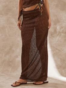 Musera Resort Gonna lunga maxi in maglia con paillettes, solo parte inferiore, stile boho Ibiza, carina e sexy, copricostume per vacanze estive, spiaggia, festival primaverili e autunnali - Castano - Visualizzare 3