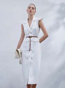 SHEIN Privé White Mini Cap Sleeve Elegant Romantic Commute Versatile Straight Collar Blazer Style Luxe Feel Double-Breasted Women Dress - White - View 3