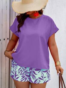 SHEIN Clasi Regular Plus Size Boho Casual Solid Batwing Blouse & Random Print Shorts 2pcs Set, For Summer Tropical Colorblock Floral Print Vacation Fashionable Style - Purple - View 5