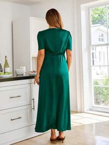 KURAYIA Đầm dự tiệc sang trọng cổ chữ V sâu tay bồng bằng vải satin ren chắp vá thanh lịch cho nữ cỡ lớn - Màu xanh lá cây đậm - Xem 2