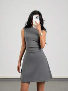 Coolane Kids Tween Girls Spring/Summer High Neck Cinched Waist A-Line Dress - Grey - View 5