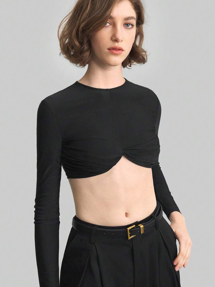 2025 Spring/Summer Women's Fashionable Solid Color Ruched Ultra-Short Crop Top, Suitable For Casual, Commuting, Elegant, Music Festival, Party, Long Sleeve, Black Bandeau