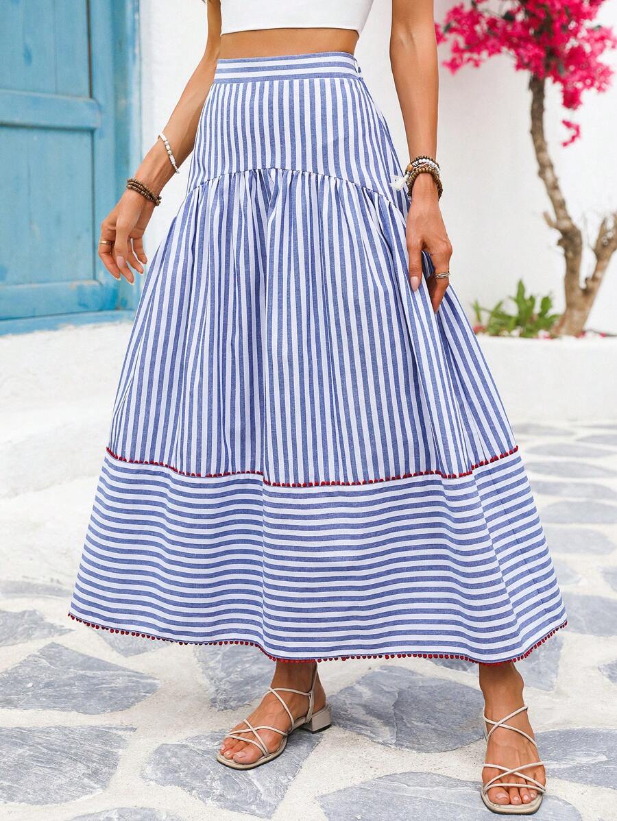 Vivid Eden 编织条纹高腰宽松女式裙子春季女装 Fairycore 婚礼宾客裙子女士沙滩装热带度假女士服装 - 藍色 - 查看 1