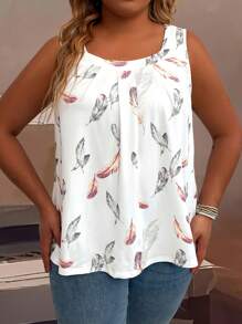 SHEIN CURVE+ Plus Size Women Feather Print Square Neck Sleeveless Top, Suitable For Summer Wear, Daily Commute And Vacation - Multicolor - View 3