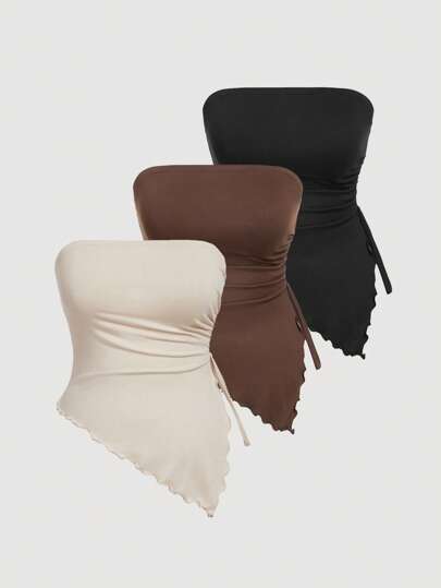 SHEIN MOD Plus Size Women Fashion Tube Top Strapless Ruched Drawstring Irregular Hem Casual Base Layer Tank Top For Girls,Vacation Outfits,Spring/Summer Outfits,