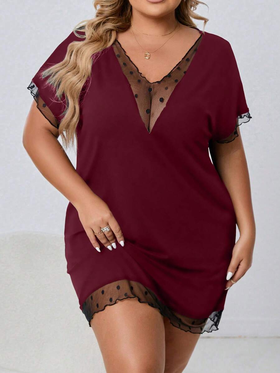 SHEIN Váy ngủ tay ngắn ren chấm bi gợi cảm cho nữ cỡ lớn - Màu Đỏ Sâu - Xem 1