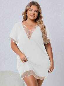 Plus Size Deep V-Neck Mesh Panel Polka Dot Short Nightgown