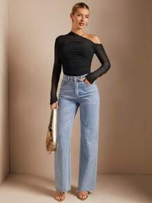 SHEIN BAE Women's Asymmetric Neckline Ruched Sheer Mesh Tight T-Shirt - Black - View 4