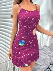 Star Print Ruffle Hem Camisole Nightgown - Multicolor - View 6