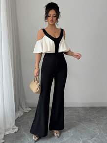 Selianne Bộ đồ liền thân trễ vai viền bèo nhún màu tương phản thanh lịch dành cho nữ - màu đen - Xem 6