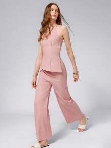 Femmeiva 1 Set Women Tie Strap Cropped Top + Casual Straight Leg Pants - Pink - View 1