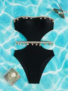 SHEIN Women's Summer Beach One-Piece Swimsuit With Strapless, Shell & Starfish Design, Solid Color