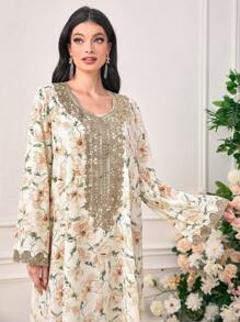 Al Najma Floral Print Contrast Lace Long Trumpet Sleeve Modest Dress