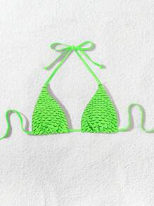 SHEIN Swim 女士夏季海滩全印花性感吊带比基尼上衣 - 綠色 - 查看 3