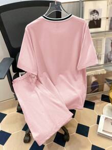 Teen Boys 2pcs Casual Patchwork Polo Collar T-Shirt With English Print & Letter Print Drawstring Waist Shorts Set - Pink - View 2