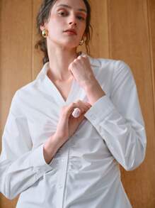 Uhlyne Uhlyne Women's Casual & Commuter Woven Long Sleeve Collared V-Neck Pleated Fitted Blouse Fall Cloth For Women - White - View 2