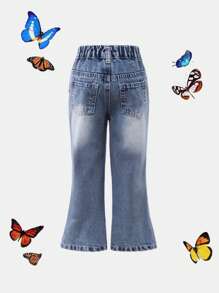 Young Girls Flared Distressed Jeans, Light Blue Denim, Asymmetric Waistline, Cute Butterfly Print, Fashionable Casual Style, Versatile For Daily Casual And Outdoor Wear, Girls Denim Pants - Light Wash - View 2
