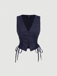 SHEIN MOD V-Neck Sleeveless Side Tie Waist Straight Pants Navy Striped Suit Set,Early Autumn Outfit Back To School Preppy Tops 2pcs Set Navy Pants Old Money Style,Business Casual Women,Office Wear Women Set.Striped Navy Set,Professional Clothes