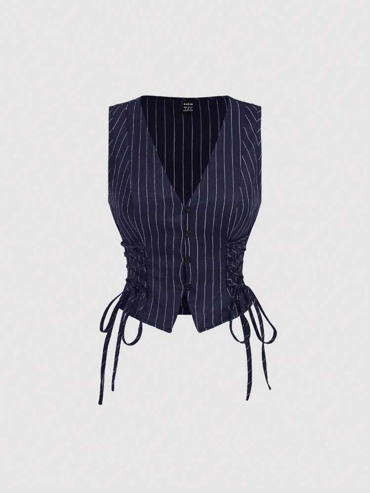 SHEIN MOD Conjunto de Terno com Calça Reta Listrada Azul Marinho, Decote em V Sem Mangas com Nó Lateral na Cintura. Conjunto de 2 peças Outono Cedo Volta às Aulas Parte Superior Preppy Calça Azul Marinho Estilo Old Money, Conjunto Casual Elegante para Mulheres, Conjunto de Roupas de Escritório. Conjunto Listrado Azul Marinho, Roupas Profissionais - Azul Marinho - Visão 7