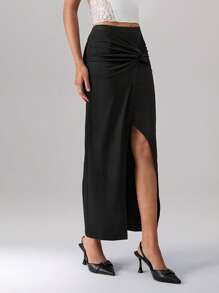 TRNVIE 1 件休闲、街头服饰、通勤扭纹、开衩、修身半身裙女式半身裙 - 黑色 - 查看 4