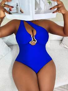Slaydiva Plus Size Women Blue Hollow-Out Gold Decor One-Piece Swimsuit, Slim Fit Casual Beachwear, Summer Resort - Blue - View 5