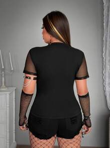 Whyspr Grunge Punk Color Block Mesh Splice Short Sleeve T-Shirt, Plus Size - Black - View 2