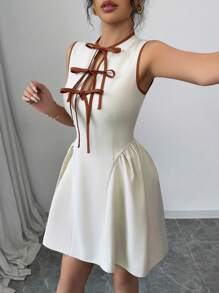 Elenzga Váy ngắn mới dành cho nữ có cổ khoét sâu, thiết kế nơ buộc tương phản, eo và viền nhún, vải có họa tiết, khóa kéo sau lưng, thời trang, trẻ trung & thanh lịch, thích hợp cho tiệc tùng, hẹn hò, mặc hàng ngày, vừa vặn, xuân/hè - Màu be - Xem 6