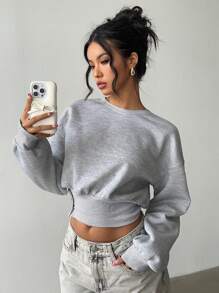 SHEIN EZwear Sudadera corta de mujer de cuello redondo, hombros caídos y manga larga en unicolor
